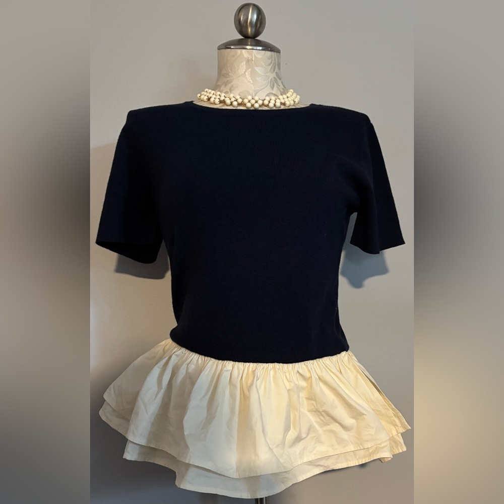 SUNDAY EDITION 100% Cotton - Navy & Ivory knit- woven peplum top Sz  Medium. #46